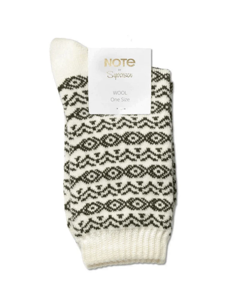 Note Offwhite Og Mørkegrøn Dame Uldstrømpe