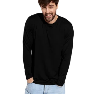 Panos Emporio Sort Herre Langærmet T-Shirt I Merinould Og Tencel